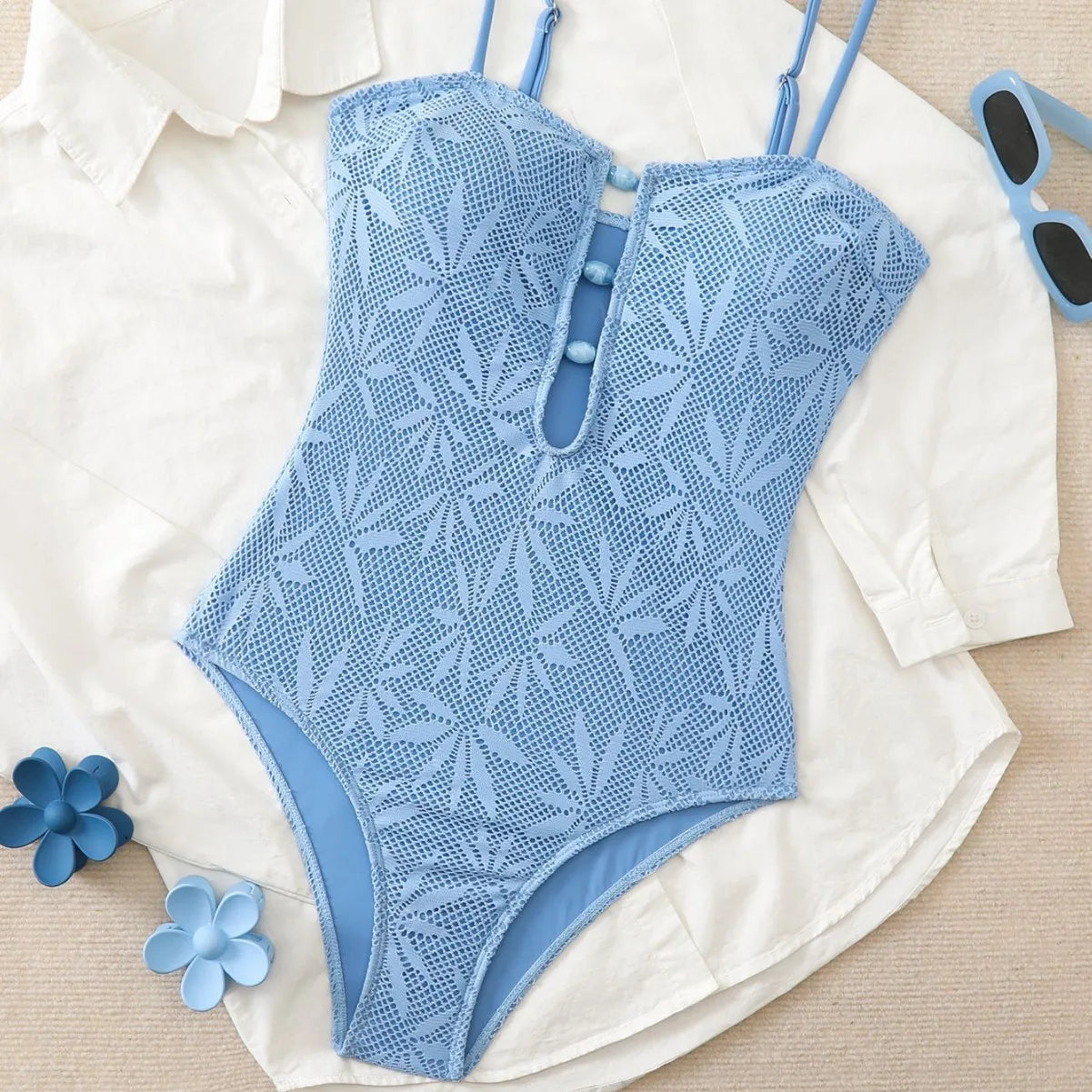 Boho One-Piece Swimsuit With Strappy Back And Mesh Detail
